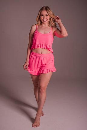 Conjunto Pijama Cropped Alcinha Adulto Feminino - CANELADO ROSA NEON