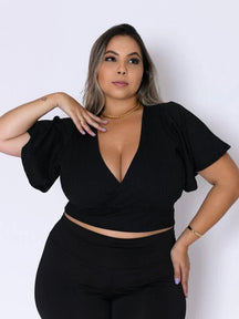 Cropped Manga Flare Canelado Moda Plus Size