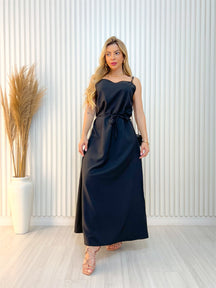 Vestido Katy Tecido Crepe Longo De Alcinha Com Cinto