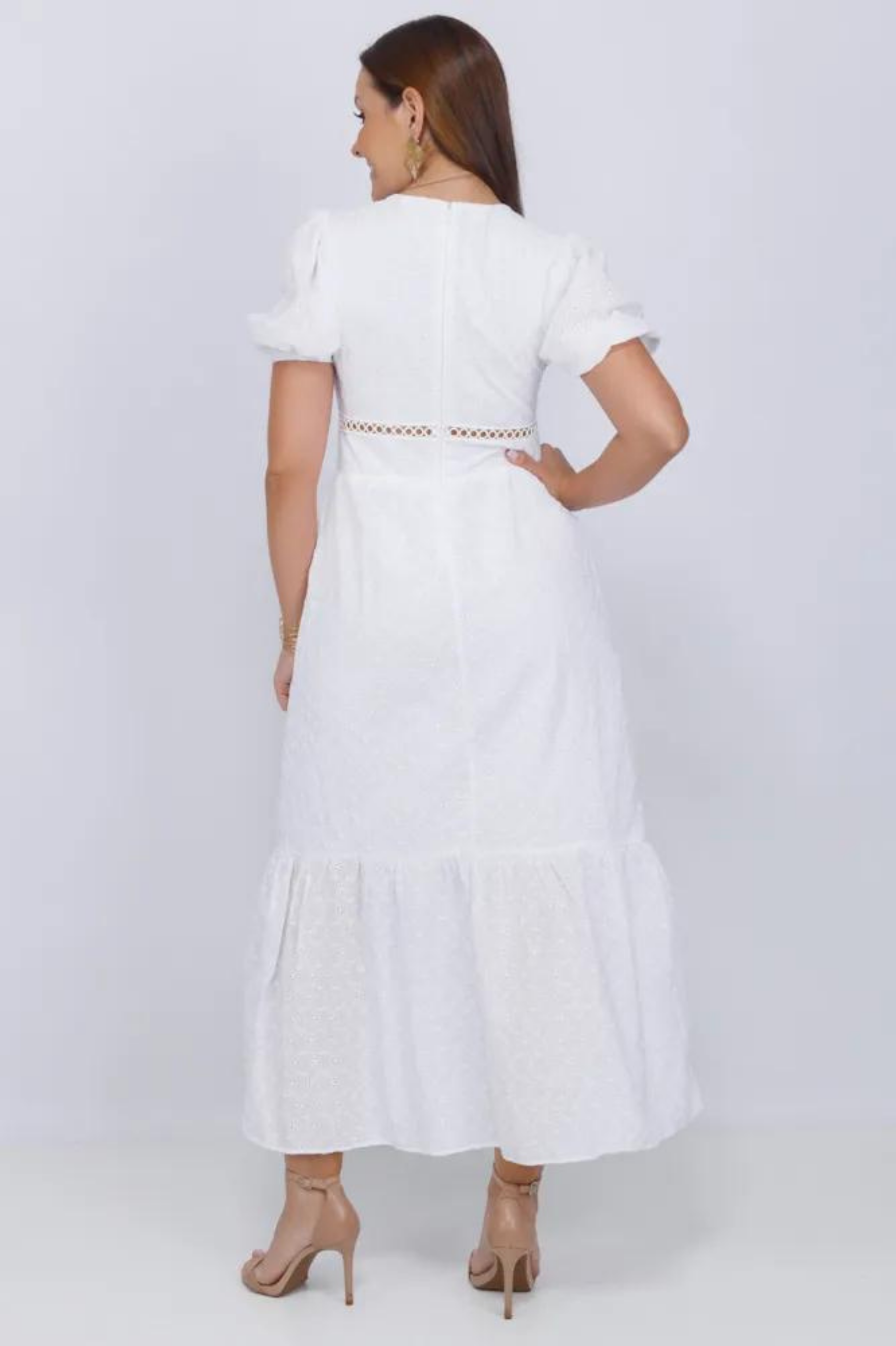 Vestido Midi em Laise Manga Bufante Grazi Massafera Branco