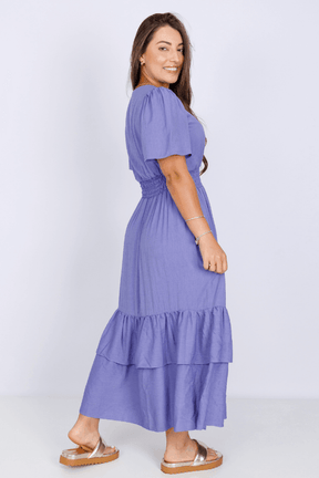 Vestido Lastex Decote "V" Liso Francine Roxo